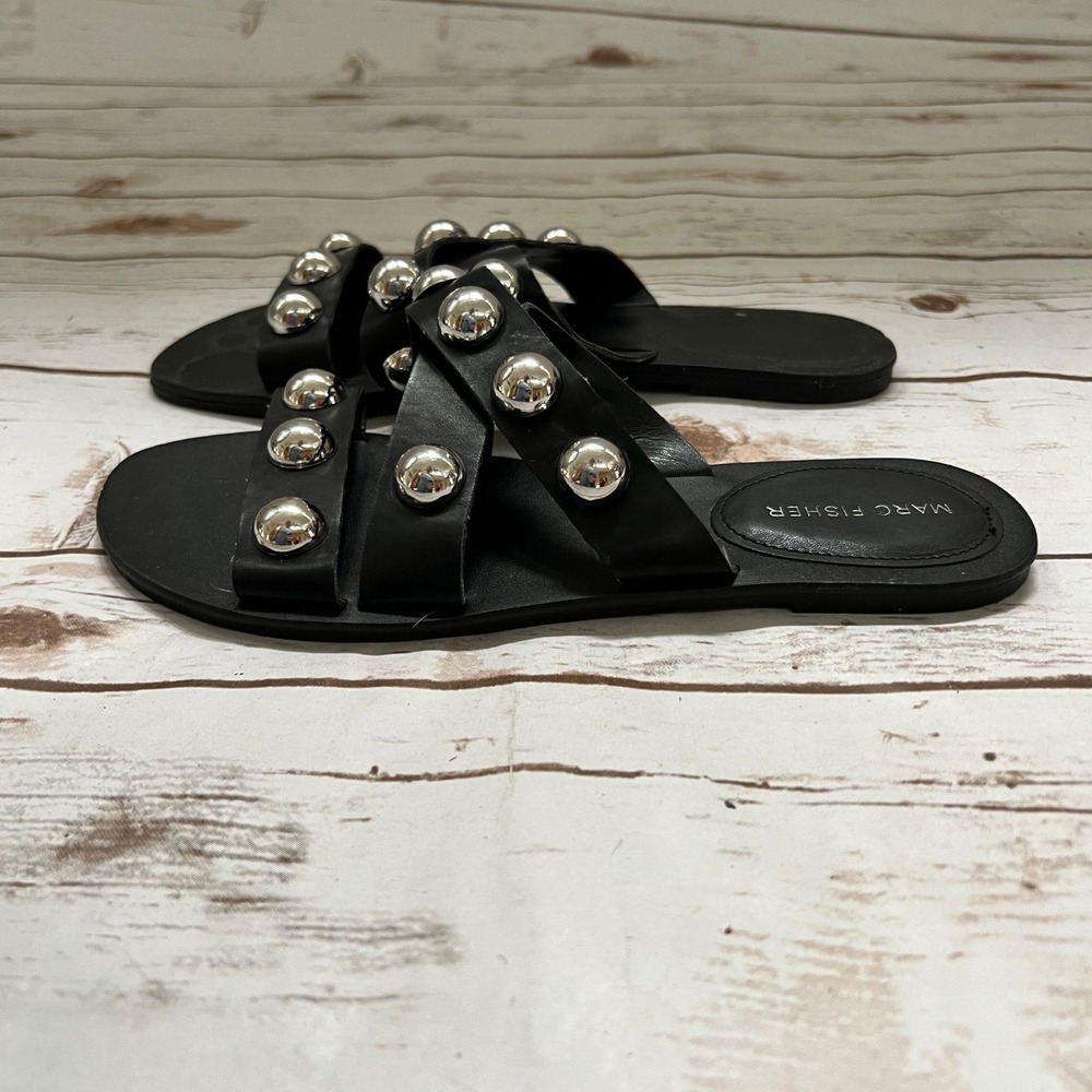 Marc Fisher Bryte Slide Sandals Black Silver Studded Flat 8.5M